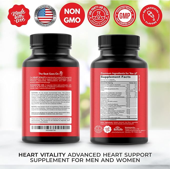 Heart Support and Blood Flow Supplement 120 Capsules Supports Cardiovascular Health Healthy Cholesterol Triglyceride Homocysteine CRP Levels | Boost Naturally Circulatory Function