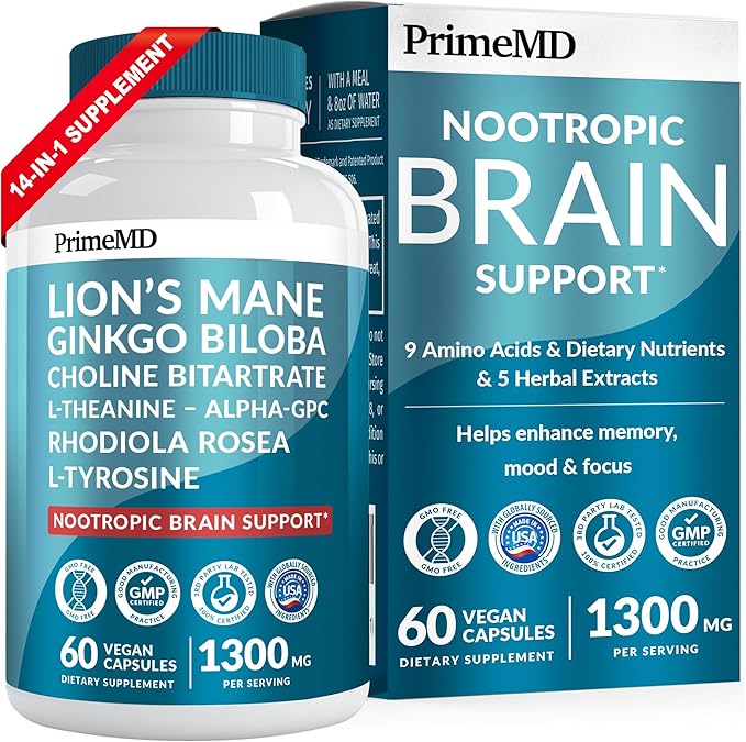 14-in-1 Lions Mane Supplement Capsules - Nootropic Brain Supplement with Ginkgo Biloba for Brain Support Memory and Focus - Alpha GPC L Theanine &amp Choline Supplements with 1300mg Per Serving (60