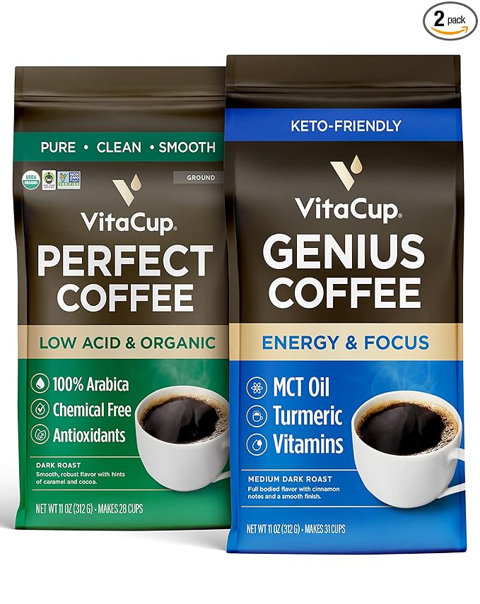 VitaCup Perfect Low Acid Ground Coffee11 oz &amp Genius Keto Ground Coffee 11 oz Bundle | Infused with Superfoods (MCT Oil Turmeric Vitamins) for Energy &amp Focus