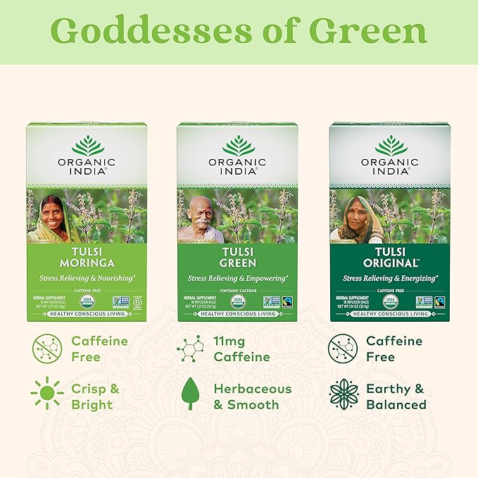 ORGANIC INDIA Tulsi Moringa Tea Bags - Holy Basil Lemongrass Moringa Leaves Stress Relieving &amp Nourishing Immune Support Tea Vegan Certified Organic Caffeine-Free - 18 Infusion Bags 6 Pack