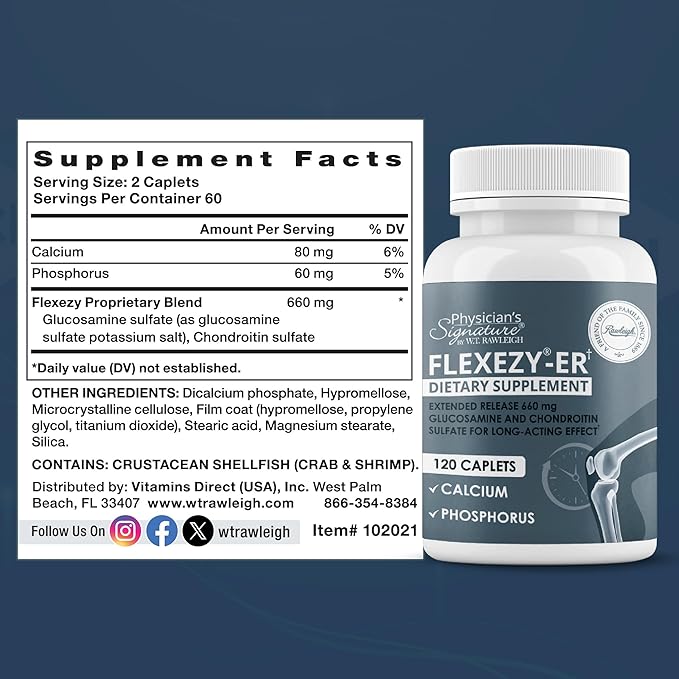 Rawleigh Flexezy-ER: 120 Caplets High Strength Glucosamine &amp Chondroitin Sulfate Blend Calcium &amp Phosphorous 24-Hour Extended Release Bone &amp Joint Health Supplement. Non-GMOGluten Fre
