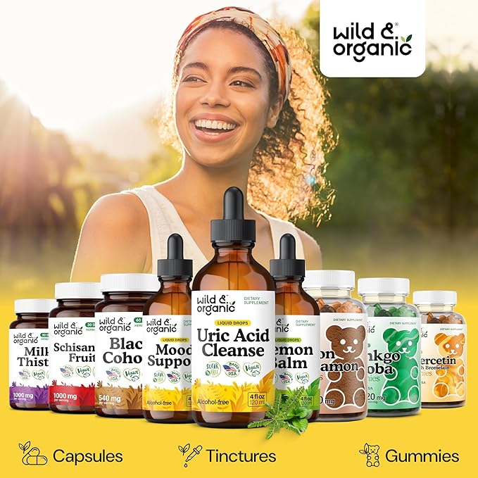 Wild &amp Organic Uric Acid Cleanse Liquid Drops - Tart Cherry Turmeric Celery Chanca Piedra Dandelion Root Extract Complex - Uric Acid Supplement - Vegan Sugar &amp Alcohol-Free Tincture - 4 f