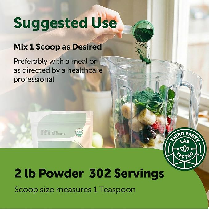 Micro Ingredients Organic Spirulina Powder 2lb | Blue-Green Algae Rich in Vegan Protein Vitamins &amp Minerals | Source of Natural Chlorophyll &amp Enzymes | Non-GMO Gluten-Free No Additives