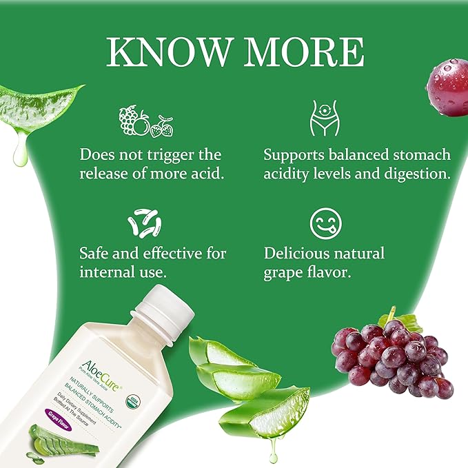 AloeCure USDA Organic Aloe Vera Juice Grape Flavor Made Within 12 Hours of Harvest - Pure Aloe Vera Digestive &amp Immune Health Supplement Helps Maintain Balanced Stomach Acidity 16.7oz x 12 Btls