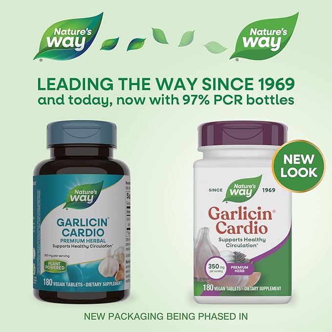 Nature's Way Garlicin Cardio Premium Herbal Supports Healthy Circulation* No Garlic Taste Vegan Garlic Supplements 180 Tablets (Packaging May Vary)