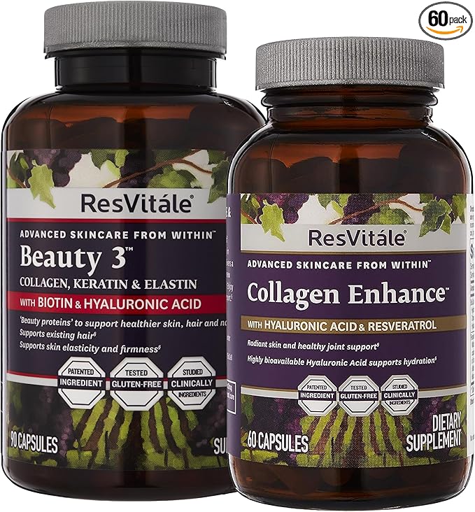 ResVitale Beauty 3 - Skin Care Supplement with Collagen Keratin &amp Elastin - 90 Capsules &amp Collagen Enhance - Beauty Supplement with Hyaluronic Acid &amp Resveratrol - 60 Capsules