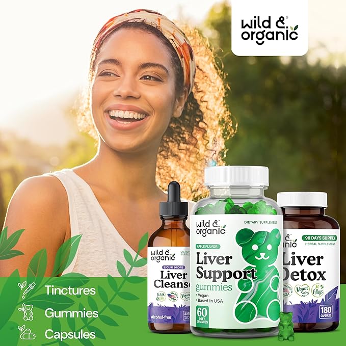Wild &amp Organic Liver Support Gummies - Milk Thistle Dandelion Root Extract for Liver Cleanse Detox - 60 Silymarin Milk Thistle Gummies - Vegan Non-GMO Herbal Supplement.