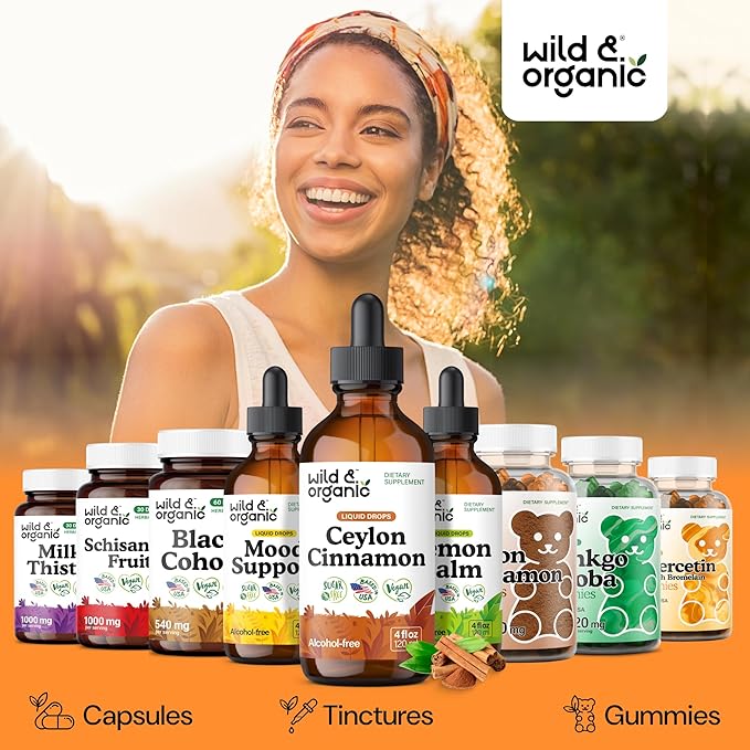 Wild &amp Organic Ceylon Cinnamon Tincture 500 mg - Liquid Cinnamon Supplements for Overall Support - Cinnamomum Verum Bark Extract - Vegan Sugar &amp Alcohol-Free Non-GMO - 4 fl oz