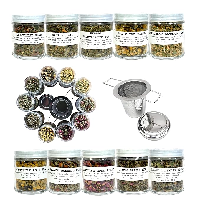 Smoke Camp Crafts Loose Leaf Herbal Tea Gift Set with Stainless Steel Infuser 10 Unique Flavors Handcrafted USDA Organic Tisane Tea Sampler Pack of 10 Jars