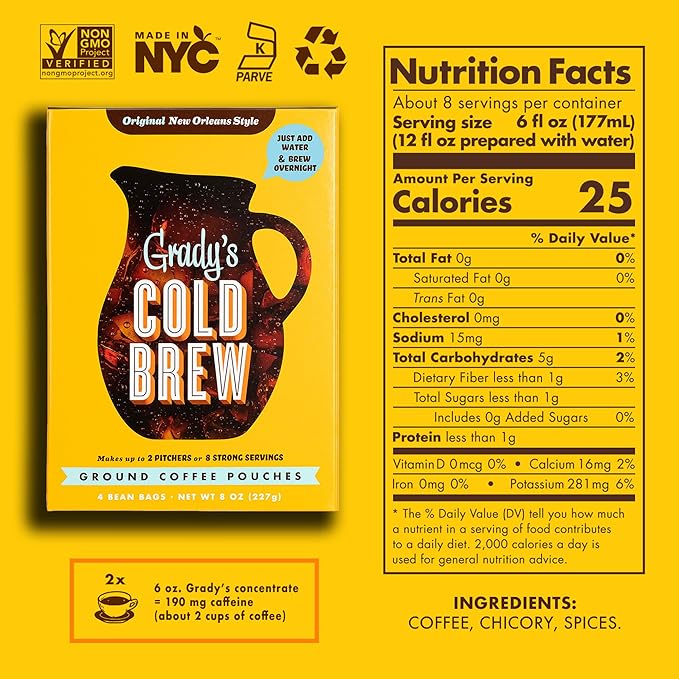 GRADY’S COLD BREW New Orleans Style 100% Arabica Ground Coffee &amp Chicory Pouches TWO Boxes of Four Easy-to-Brew Bean Bags Makes 24 drinks