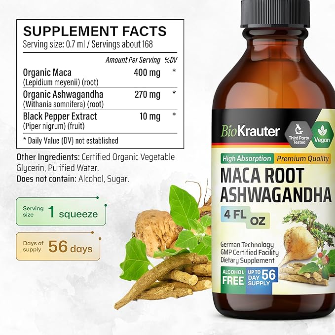 BIO KRAUTER Maca Root and Ashwagandha Tincture - Maca &amp Ashwagandha Supplements for Men &amp Women - Adaptogenic Liquid Supplement for Mood Support - Alcohol and Sugar Free Vegan Drops 4 Fl.Oz.