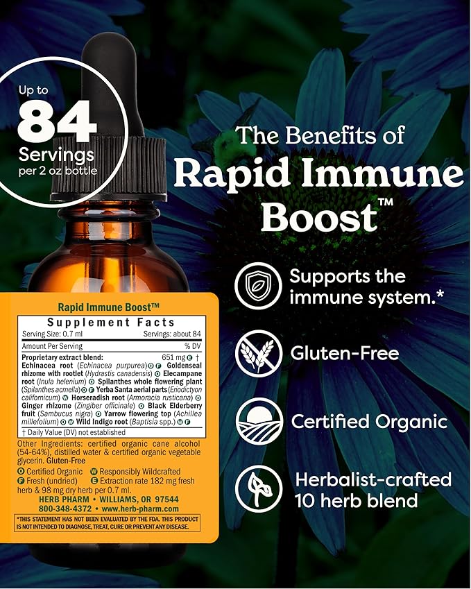 Herb Pharm Organic Rapid Immune Boost: Fast-Absorbing Tincture for Adults Echinacea Tincture with Goldenseal Ginger Extract &amp Elderberry Immune Support Supplement &amp Wellness Aid 2 Oz