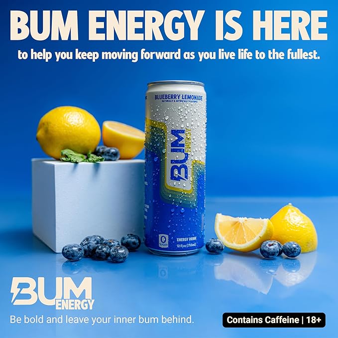 BUM Sugar-Free Energy Drink Blueberry Lemonade - Lightly Carbonated &amp No Artificial Colors Natural Caffeine &amp Citicoline for Energy &amp Focus Brain Boost &amp Workout Sports Beverage - 1