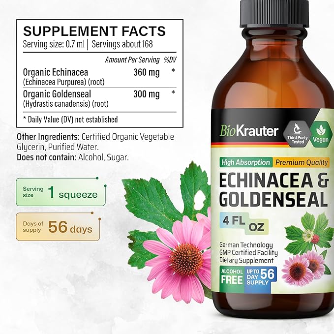 BIO KRAUTER® Echinacea Goldenseal for Immune &amp Respiratory Support - Pure Vegan Echinacea Drops with Goldenseal - Natural Respiratory Supplements 4 Fl.Oz 56-Day Supply - Alcohol &amp Sugar Free