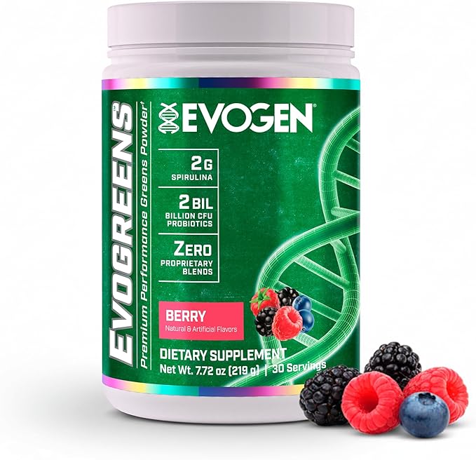 Evogen Evogreens - Super Greens Powder | Promotes Recovery Wellness &amp Immune Health | Greens Superfood Powder with Spirulina Probiotics Pomanox Pomegranate Extract | Berry | 30 Servings