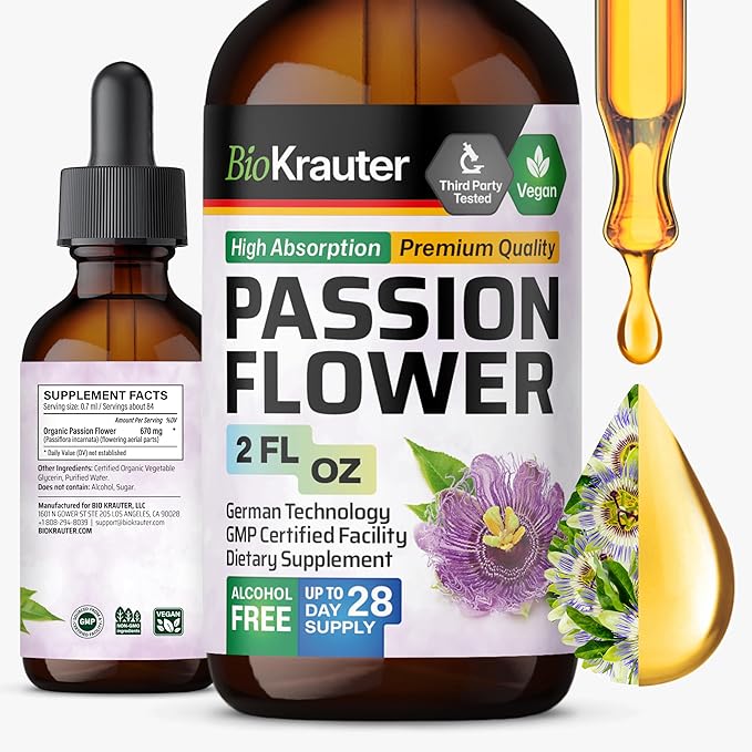 BIO KRAUTER® Passion Flower for Stress Relief - Calm &amp Mood Support - Pure Vegan Liquid Drops Passion Flower Extract 670 mg/Serving 2 Fl.Oz 28-Day Supply - Alcohol &amp Sugar Free - Natural Calm