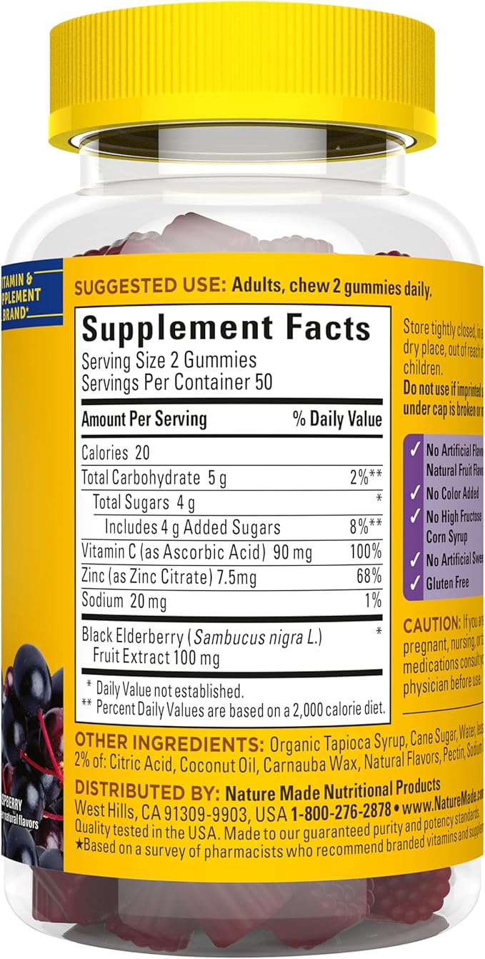 Nature Made Elderberry Gummies with Vitamin C and Zinc Dietary Supplement for Immune Support 100 Elderberry Gummies 50-Day Supply