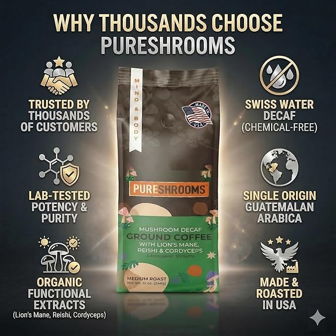 PureShrooms Decaf Mushroom Coffee | Single Origin Swiss Water Ground Infused with Organic Lion’s Mane Reishi &amp Cordyceps + L‑Theanine – Guatemala 12 oz Bag