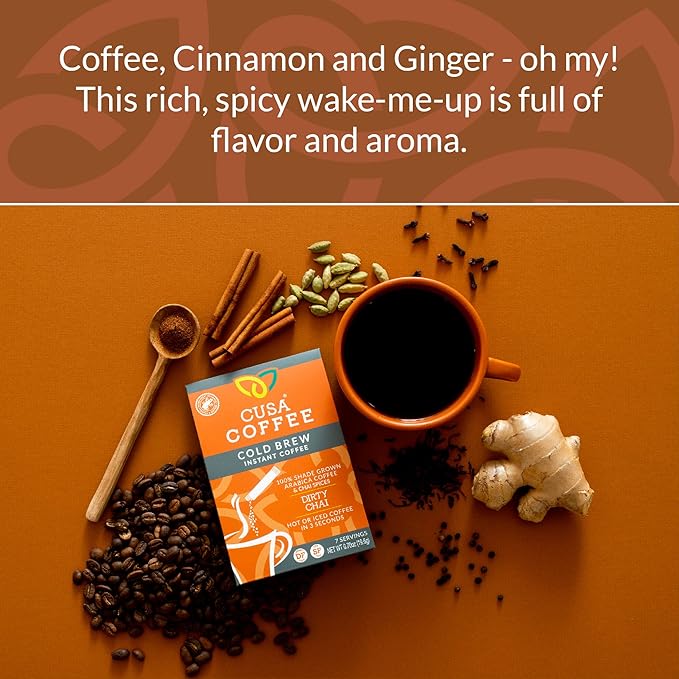 Cusa Tea &amp Coffee Dirty Chai Cold Brew. Premium Instant Coffee Rainforest Alliance Certified Arabica Beans. Drink Mix Packets Ready in Seconds Makes Hot or Iced Coffee (30 Servings)