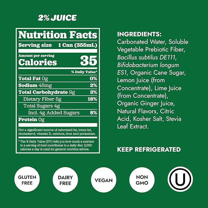 Slice Healthy Soda Ginger Ale Prebiotic &amp Probiotic Soda Pop 5g Fiber 35 calories 12 fl oz 12 Pack