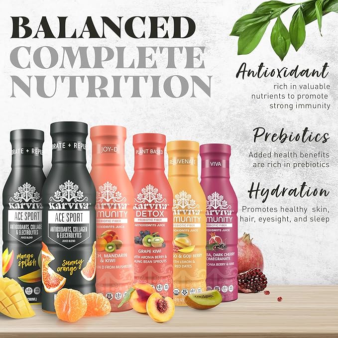 KARVIVA ACE Collagen Juice Energy Recovery Healthy Joints Skin &amp Hair Antioxidants Marine Collagen Electrolytes Low-Sugar Low-Calories Non-GMO Vitamins (6 BPA-Free Bottles12 fl oz Each)
