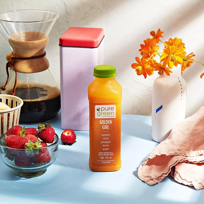 Pure Green Cold Pressed Juice - Golden Girl - Fresh Functional Blend with Turmeric Carrot Pineapple Lemon Ginger - Natural Gluten Free Non-GMO No Artificial Colors or Flavors - Made from Real F