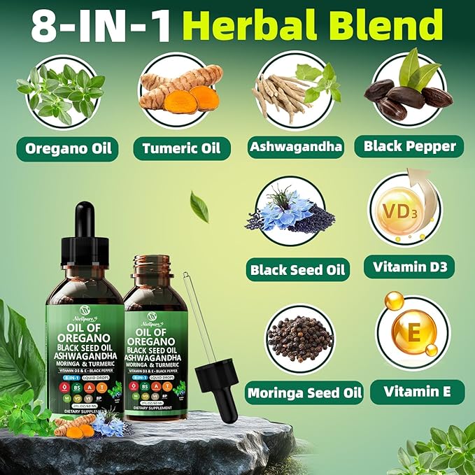 Oil of Oregano with Black Seed Oil | 8 in 1 Organic Oregano Oil Drops with Ashwagandha Moringa &amp Turmeric | Natural Herbal Supplements for Immune Support &amp Stress Relief | Vegan Friendly 2 F