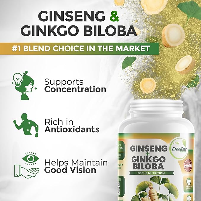 GreeNatr Ginko Biloba &amp Panax Ginseng Supplement - Red Ginseng Brain Supplement for Memory and Focus - Ginkgo Biloba Supplements for Good Vision Immune System and Improved Blood Flow - 12 Bottles