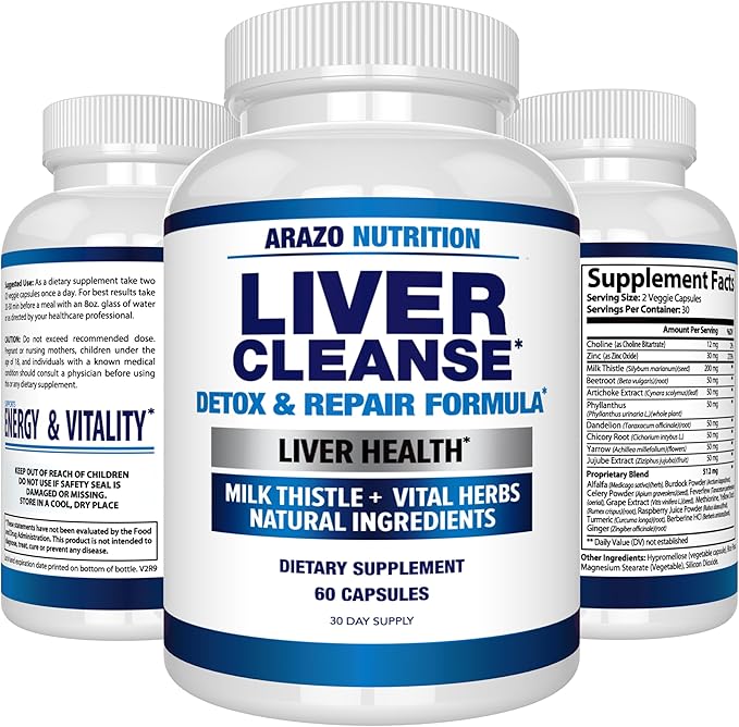 Arazo Nutrition Liver Cleanse Detox &amp Repair Formula – Milk Thistle Herbal Support Supplement: Silymarin Beet Artichoke Dandelion Chicory Root