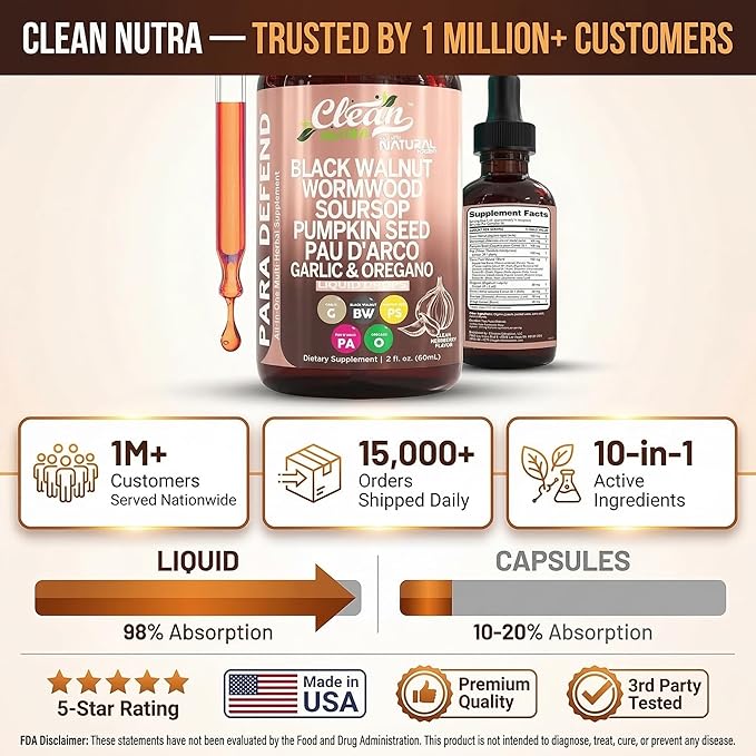 para Defend Wormwood Black Walnut Cleanse for Humans Drops Liquid Soursop Garlic Pumpkin Seed PAU D'Arco Oil of Oregano Turmeric Berberine Neem Extract Hull Bark Tincture by Clean Nutra