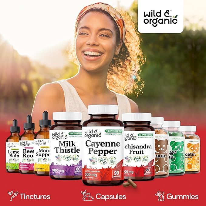 Wild &amp Organic Cayenne Pepper Capsules 500 mg - Digestive Support - Pure Cayenne Pepper Extract - Capsaicin Powder Supplement - Vegan No Fillers Non-GMO - 90 Count