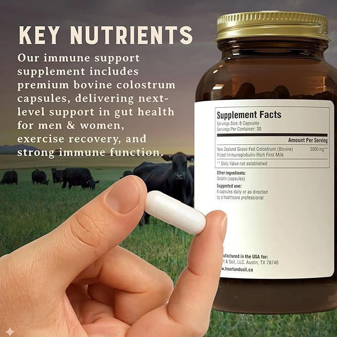 HEART &amp SOIL 100% Grass Fed &amp Finished Colostrum Supplement from Regenerative Cattle for Gut Muscle &amp Immune Health – 3000mg Bovine Colostrum Capsules - Gut Health for Men &amp Women –18