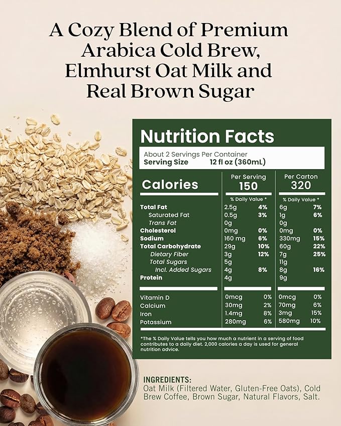 Elmhurst 1925 Brown Sugar Oat Milk Latte – Plant-Based Vegan Dairy-Free Latte Made of Whole Grain Oats Cold Brew Premium Arabica with 95mg Caffeine &amp Real Brown Sugar – 25.4oz (Pack of 6)