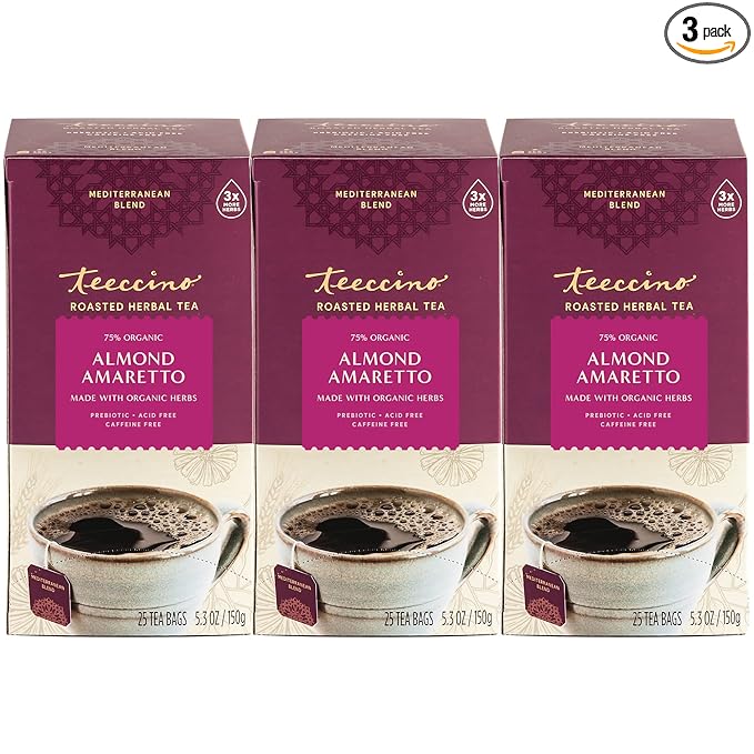 Teeccino Almond Amaretto Herbal Tea - Rich &amp Roasted Herbal Tea That's Caffeine Free &amp Prebiotic for Natural Energy 25 Tea Bags (3 Pack)