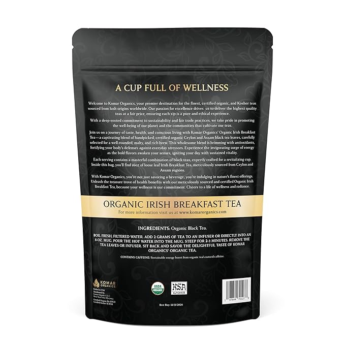 Komar Organics Irish Breakfast Tea – 16Oz USDA Organic Black Loose Leaf Tea – Certified Kosher Ceylon and Assam Black Tea Loose Leaf Rich in Antioxidants – Energy Boosting Organic Black Tea for Mornin