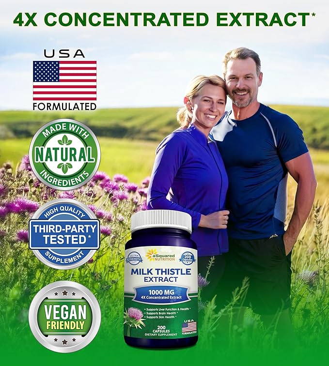 aSquared Nutrition Milk Thistle Supplement 1000mg-200 CapsulesMax Strength 4X Concentrated Extract 4:1 Milk Thistle Seed Powder Herb Pills 1000 mg Silymarin Extract for Liver Support Cleanse Detox