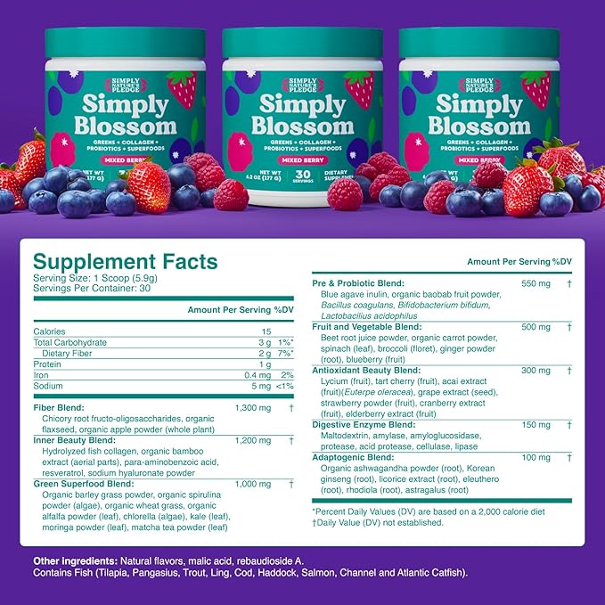 Simply Blossom Nutrition - Daily Greens &amp Superfood Powder + Collagen + Probiotics for Women's Digestive Health &amp Bloating Relief. Help Your Health Bloom - 30 Day Supply
