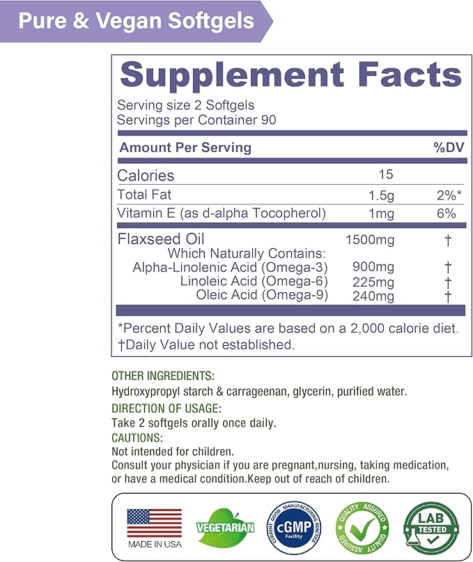 LOVITA Vegan Flaxseed Oil 1500mg with 900mg ALA Omega-3 6 9 Cold-Pressed Flax Seed Supplement Support Heart Brain Joint &amp Skin Health Non-GMO &amp Gluten Free 180 Softgels