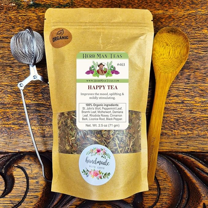 HAPPY TEA – Daily Mood &amp Feel-Good Support – Organic Loose Leaf – by Master Herbalist Khabir | St. John’s Wort Rhodiola rosea &amp Peppermint