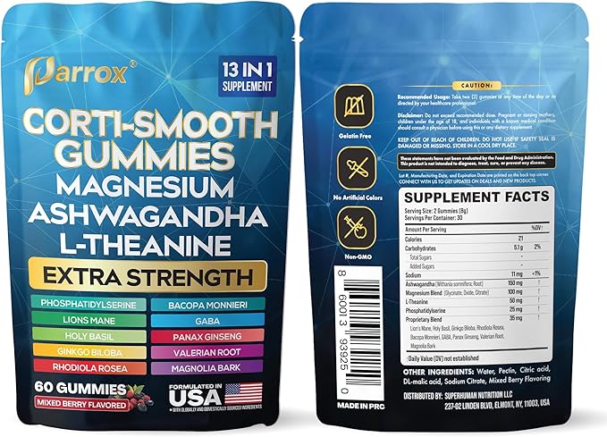 Corti-Smooth Cortisol Support Gummies with Magnesium L-Theanine Ashwagandha Phosphatidylserine Bacopa Monnieri Lions Mane Ginkgo Biloba Valerian Root (Mixed Berry Flavor - 2 Pack)