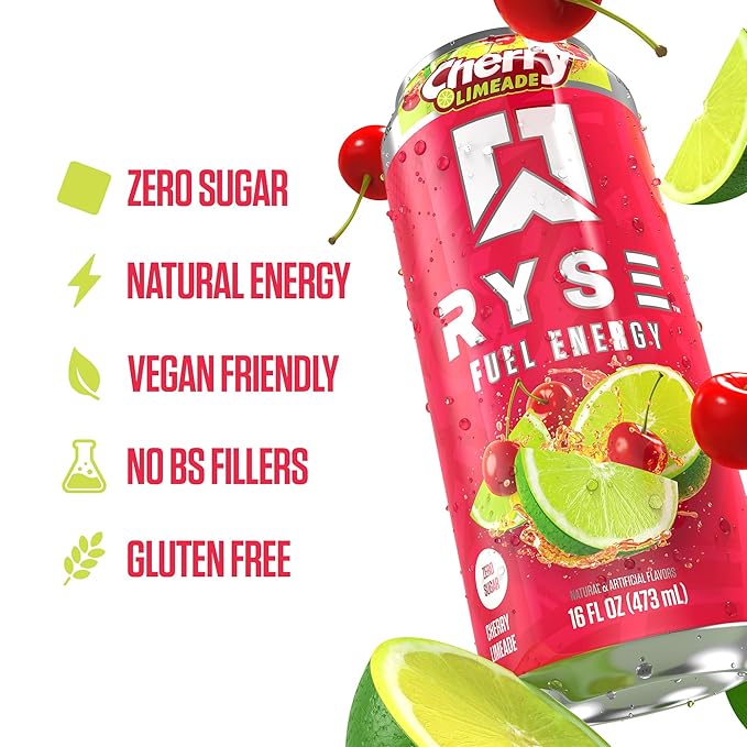 RYSE Fuel Energy Drink - Cherry Limeade - Sugar Free Gluten Free &amp Vegan - 200mg Natural Caffeine Taurine &amp Choline for Focus &amp Energy - No Artificial Colors - 16 fl oz Cans (12-Pack)