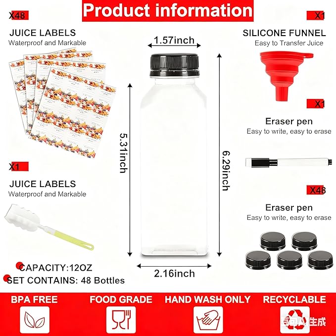 48pcs 12oz Plastic bottles with lids juice bottles with caps Reusable containers and Clear beverage for milk Smoothies juice