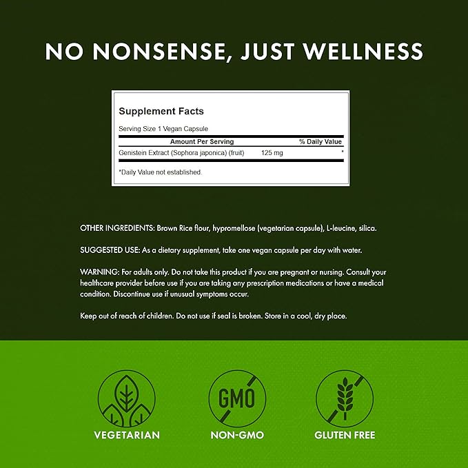 Swanson Soy-Free Genistein Plant-Based Supplement for Women Seeking Hormonal Balance Bone and Cardiovascular Support - 125 mg (60 Vegan Capsules)