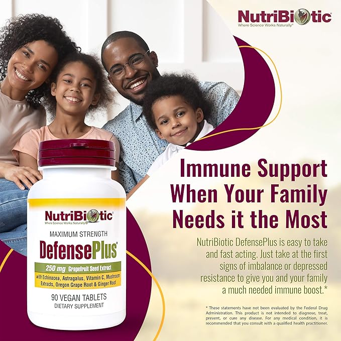 NutriBiotic – DefensePlus 90 Tablets - 11 in 1 Immune Support with Vitamin C Zinc Grapefruit Seed Extract Echinacea Astragalus Root &amp Immune Boosting Extracts &amp Mushrooms - Vegan &amp Gl