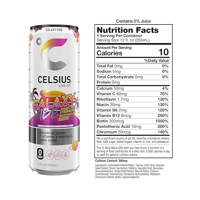 CELSIUS GALAXY VIBE Sparkling Strawberry Watermelon Sugar Free Energy Drink 12 Fl Oz (Pack of 12)