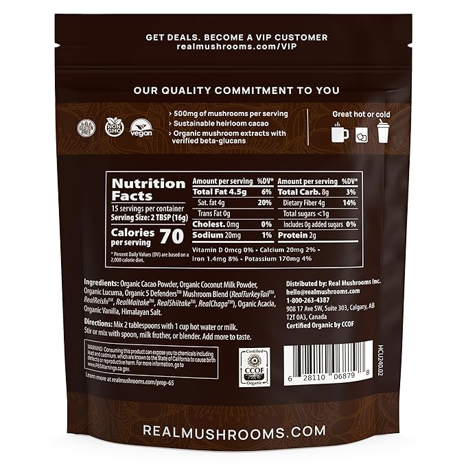 Real Mushrooms Unsweetened Hot Chocolate Mix with 5 Defenders – Reishi Chaga Turkey Tail Maitake Shiitake – Coco Powdered Unsweetened – Organic Cacao Powder Supplement Vegan 15 Servings
