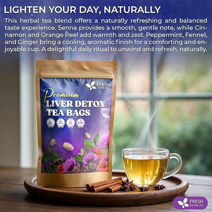 FreshDrinkUS Premium Liver Detox Tea Bags | 135 Count | Eco-Conscious Corn Fiber Tea Bags | Ayurvedic Stomach Relief &amp Liver Support | Vegan Caffeine Free Kosher