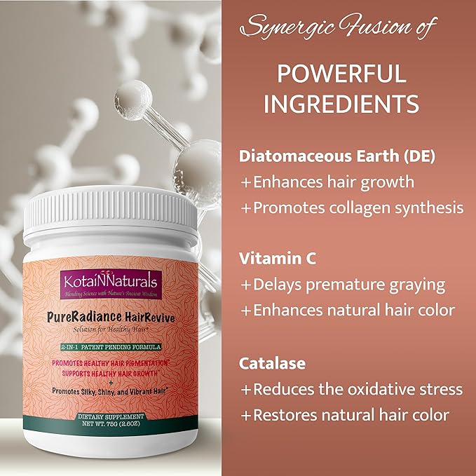 PureRadiance Hair Revive– All-In-One Elemental Formula – Food-Grade DE Rich in Silica &amp High-Potency Vitamin C – Supports Collagen Hair Health &amp Gut Function. Unflavored. For Men and Women.