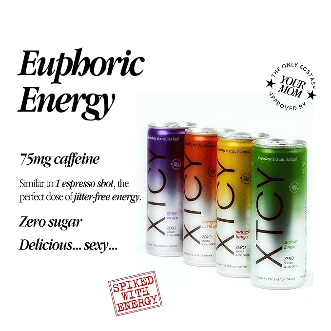 XTCY Mango Bango Euphoric Energy - 75mg Non-Extreme Caffeine Sugar Free Zero Calories (12 Pack)
