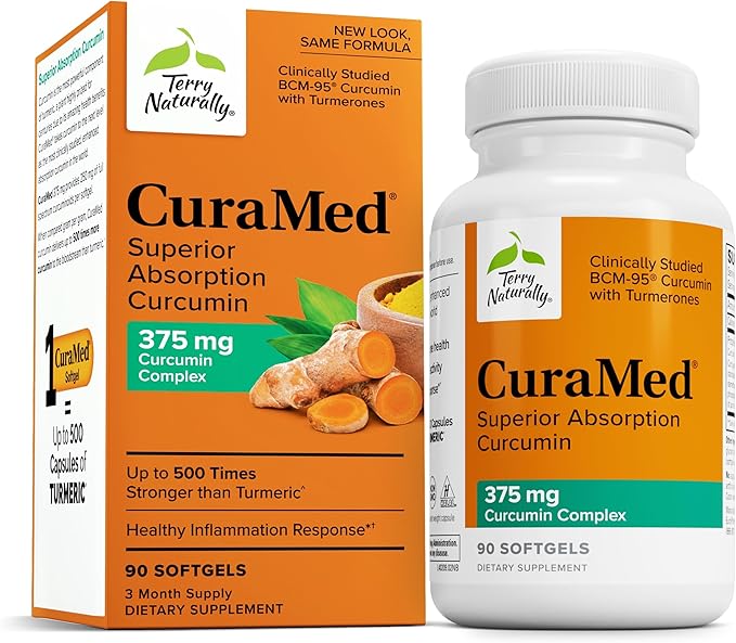Terry Naturally CuraMed 375mg - Antioxidant Supplement for Brain &amp Immune Health Support - Dietary Supplement with Curcumin &amp Turmeric Essential Oil - Herbal Liver Support - 90 Softgels